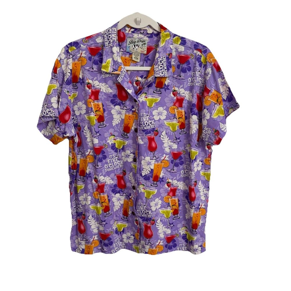 Big Dogs Hawaiian Shirt Womens Medium Purple It’s Five O’clock Somewhere Vintage